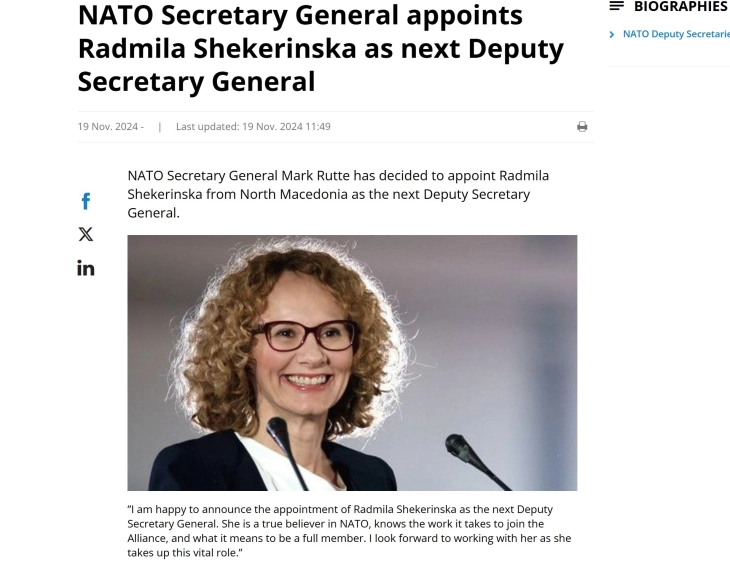 Radmila Shekerinska appointed as NATO deputy secretary general