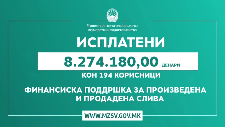 МЗШВ:  Ќе биде исплатена финансиска поддршка за произведена и продадена слива