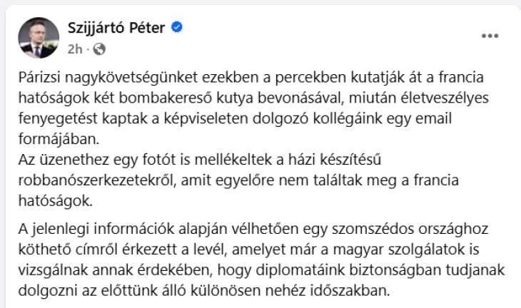 Sijarto: Ambasada hungareze në Paris mori kërcënim për bombë