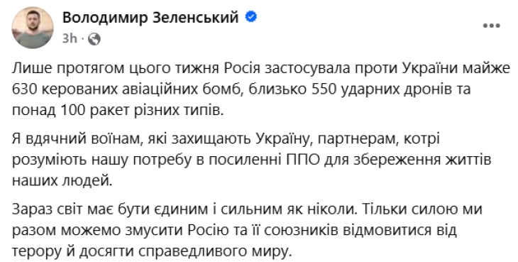 Zelenski: Rusia këtë javë ka përdorur 630 bomba, 550 dronë, 100 raketa