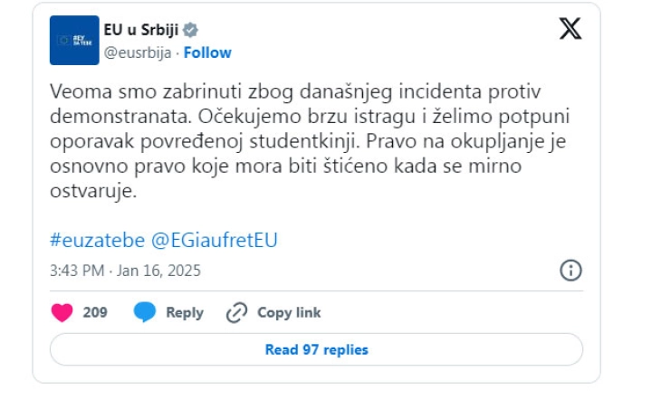 ЕУ во Србија за газењето студентка во Белград: Многу сме загрижени, правото на собирање мора да се заштити