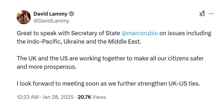 Lammy speaks with US counterpart about 'working together' on security