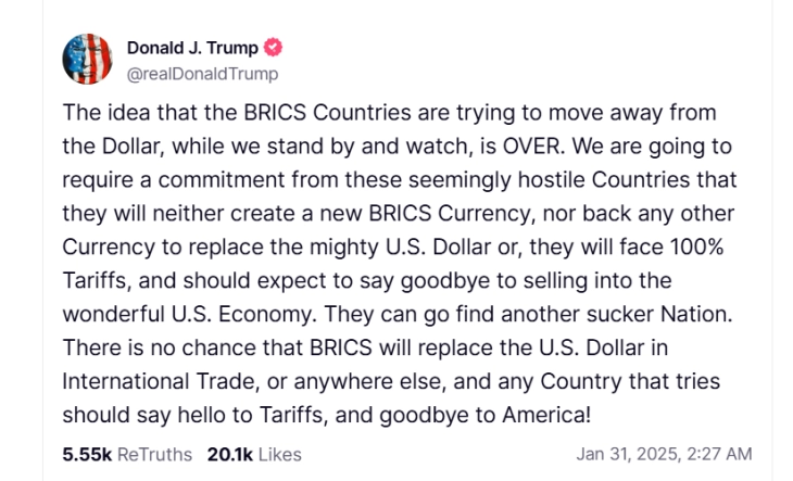 Trump threatens BRICS countries with 100% tariffs