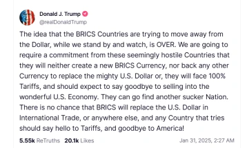 Trump threatens BRICS countries with 100% tariffs