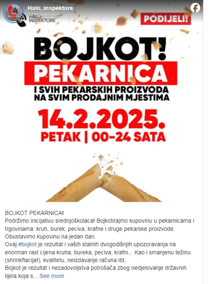 Croatian platform calls for boycott of bakeries on Feb. 14