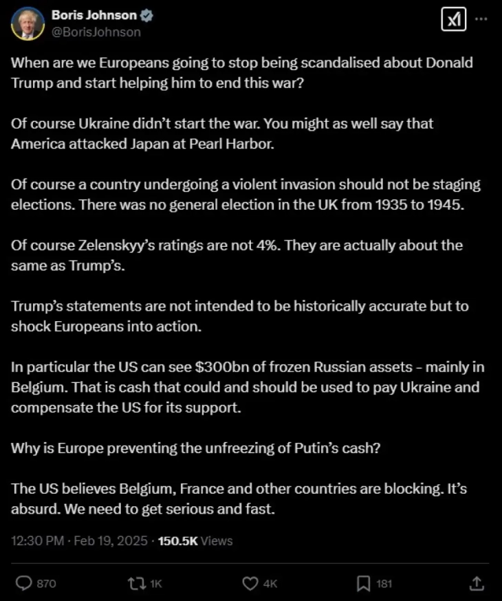 Борис Џонсон: Европа да не се „скандализира“ од Трамп, туку да му помогне да ја запре војната во Украина