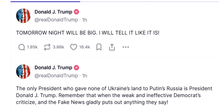 Трамп: Јас сум единствениот што не му предадов ни дел украинска земја на Путин, утре вечер голема најава