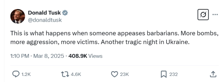 Туск: Уште една трагична ноќ во Украина