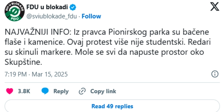 ФДУ во Белград објави крај на блокадата по инцидент од Пионирски парк, побараа напуштање на просторот пред Парламентот