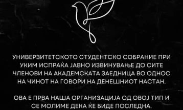 Универзитетското студентско собрание на УКИМ со јавно извинување за говорите на денешниот настан