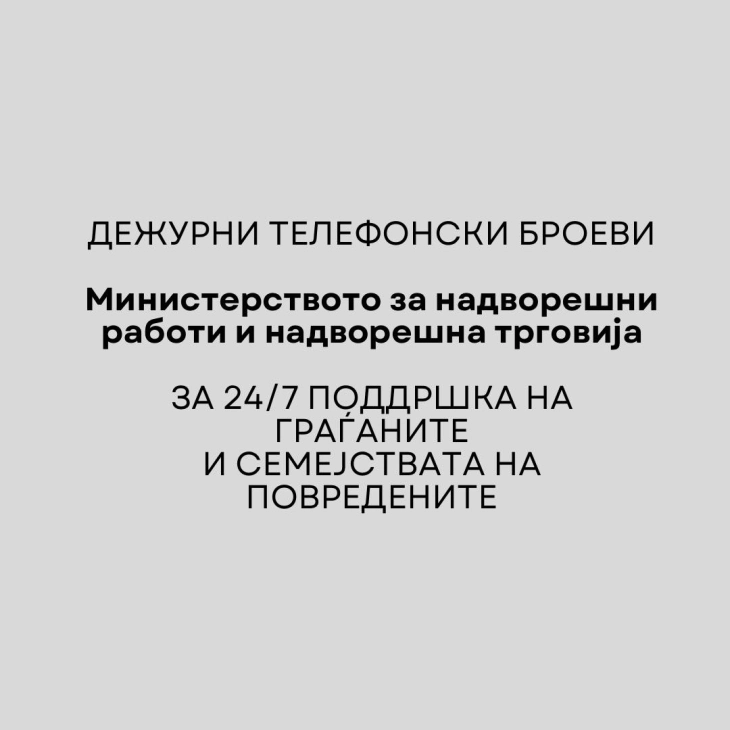 Ажурирана листата на контакти за 24/7 поддршка на граѓаните и семејствата на повредените кои се испратени на лекување во странство