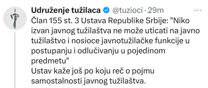 Реакција на српското Здружение на обвинители по заканите од Вучиќ: Никој надвор од ЈО не може да влијае врз обвинителите