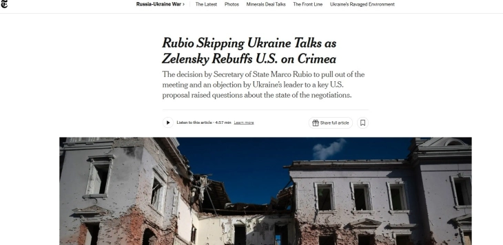 „Њујорк тајмс“: Рубио не патува за Лондон поради изјавата на Зеленски дека Крим останува украински