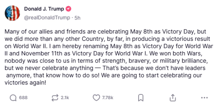 Trampi e shpalli 8 majin Ditën e Fitores në Luftën e Dytë Botërore në SHBA