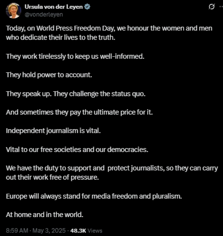 Фон дер Лајен: ЕУ секогаш ќе ја поддржува слободата на медиумите и плурализмот