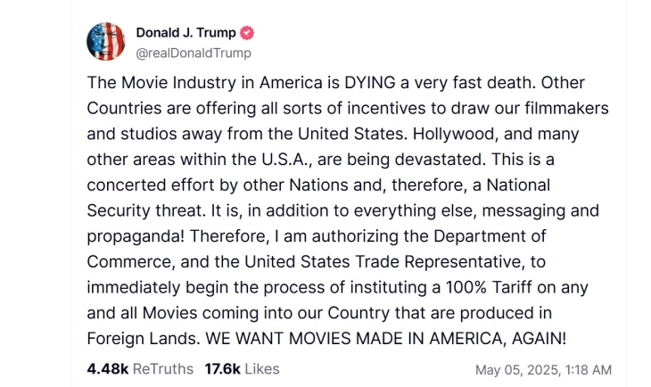 USA may introduce 100% tariff on movies produced abroad