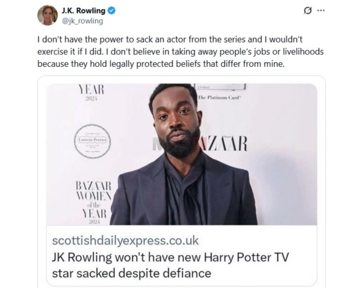 Џ.К. Роулинг не би го отпуштила Папа Есиеду поради неговите про-транс ставови