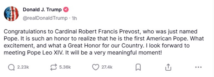 Трамп со нетрпение очекува средба со првиот американски папа