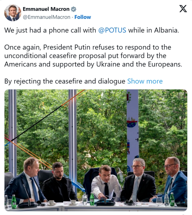 Макрон по телефонскиот разговор со Трамп: Русија купува време и ја продолжува војната