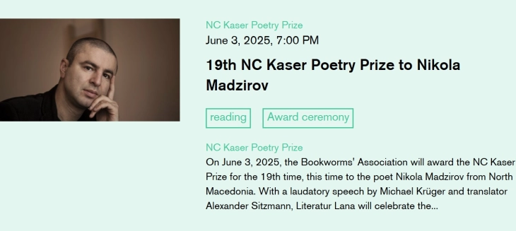 Никола Маџиров добитник на меѓународната награда за поезија „Н. К. Казер“ на „Литератур Лана“