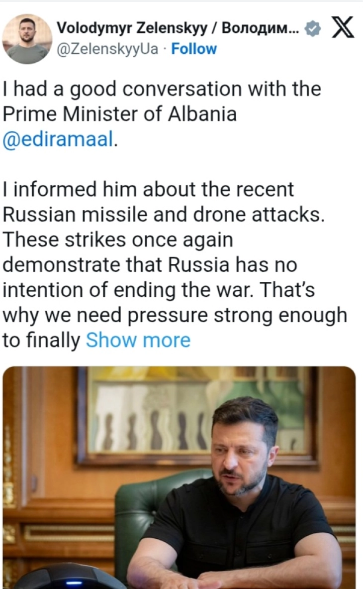 Телефонски разговор Зеленски - Рама: Разговаравме за соработка со европските партнери, го поканив да учествува на самитот Украина-Југоисточна Европа