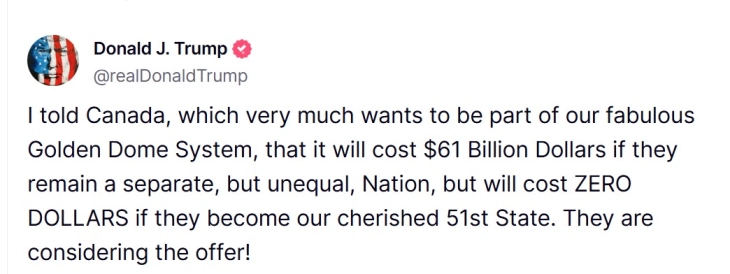 Трамп: Системот „Златна Купола“ бесплатен за Канада ако се приклучи на САД