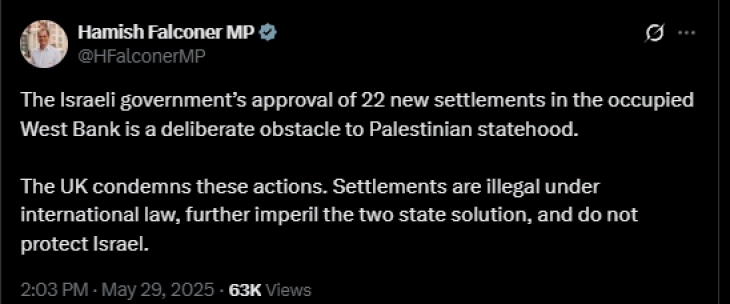 Лондон: Новите еврејски населби на Западниот Брег се намерна пречка за палестинска државност