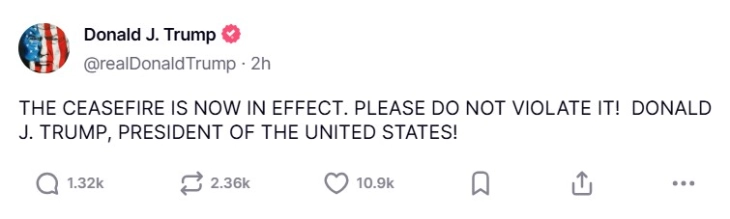 Trump says ceasefire between Israel and Iran 'now in effect'