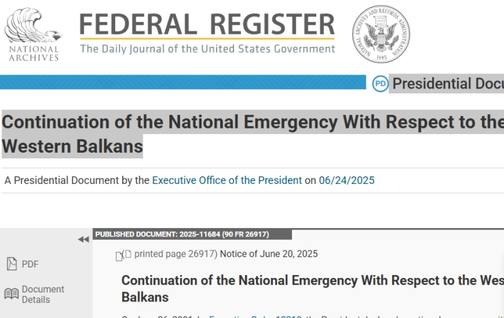United States continues national emergency involving Western Balkans for one year