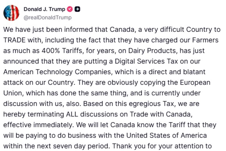 Трамп: Ги прекинуваме трговските преговори со Канада и воведуваме нови царини