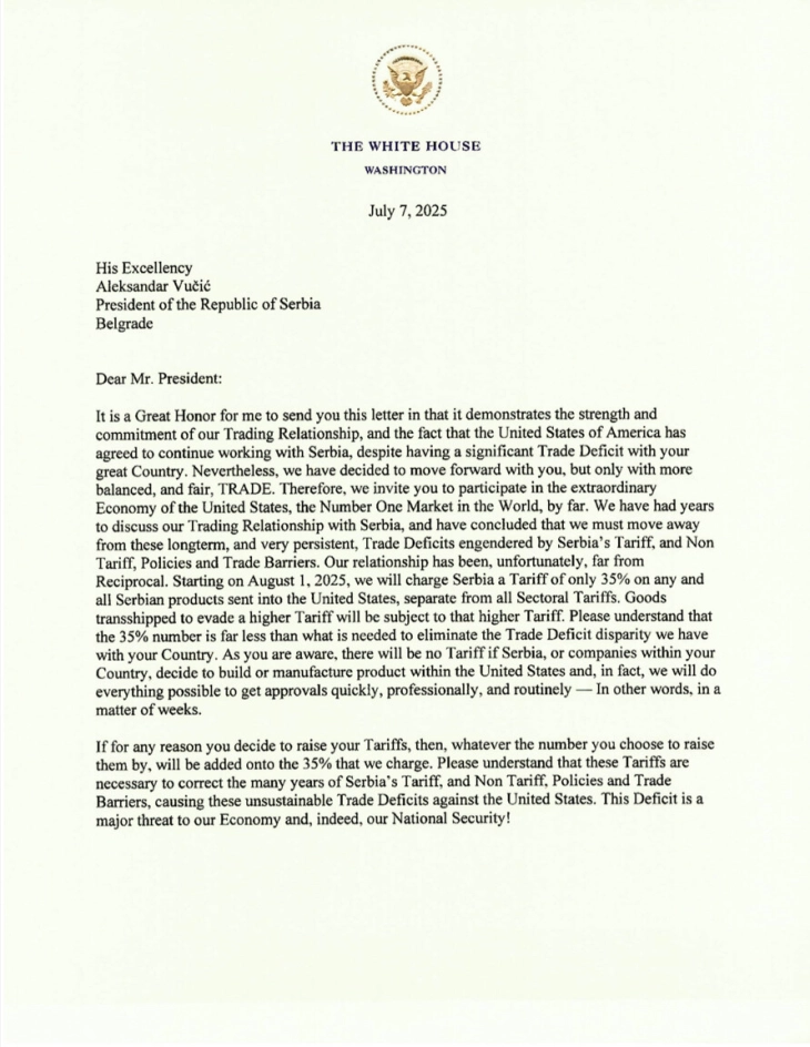 САД воведуваат царини од 30 проценти на увозот од Босна и Херцеговина и 35 проценти на увозот од Србија