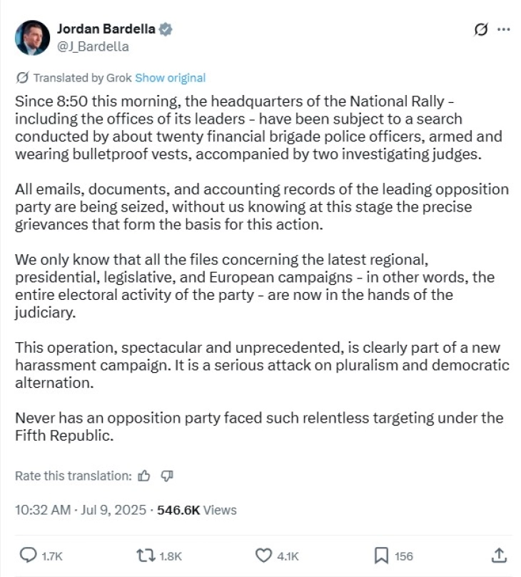 Француската полиција упадна во седиштето на „Национален собир“ поради можна злоупотреба на средства за изборни кампањи