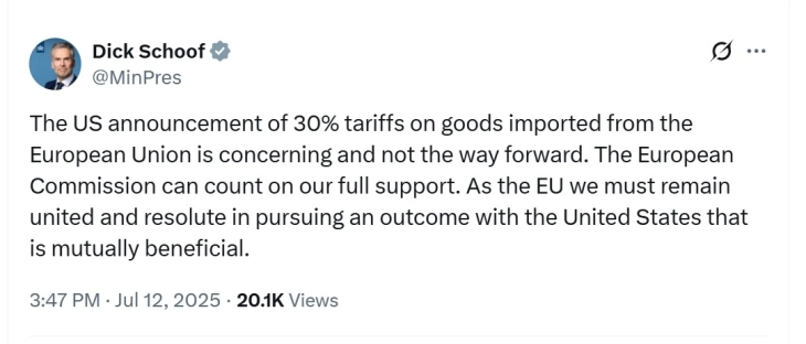 Реакции на Италија, Холандија и Германија по објавата на американските царини