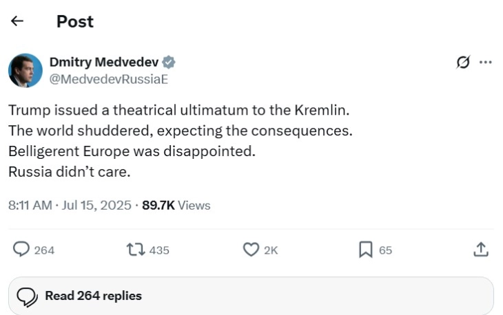 Медведев: Москва не е загрижена за театралниот ултиматум на Трамп