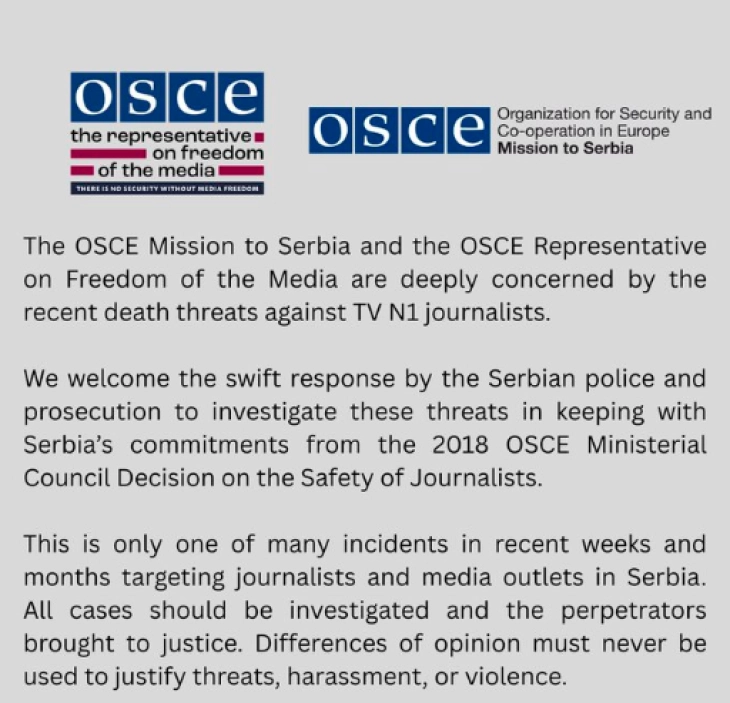 ОБСЕ: Длабоко сме загрижени поради заканите со смрт кон новинарите на телевизијата Н1