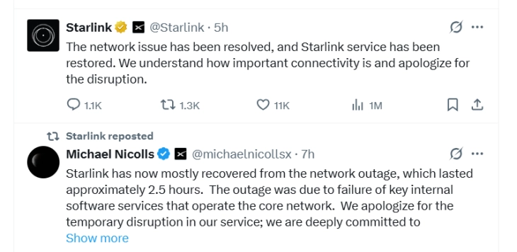 Elon Musk's Starlink satellite system experiences worldwide outage