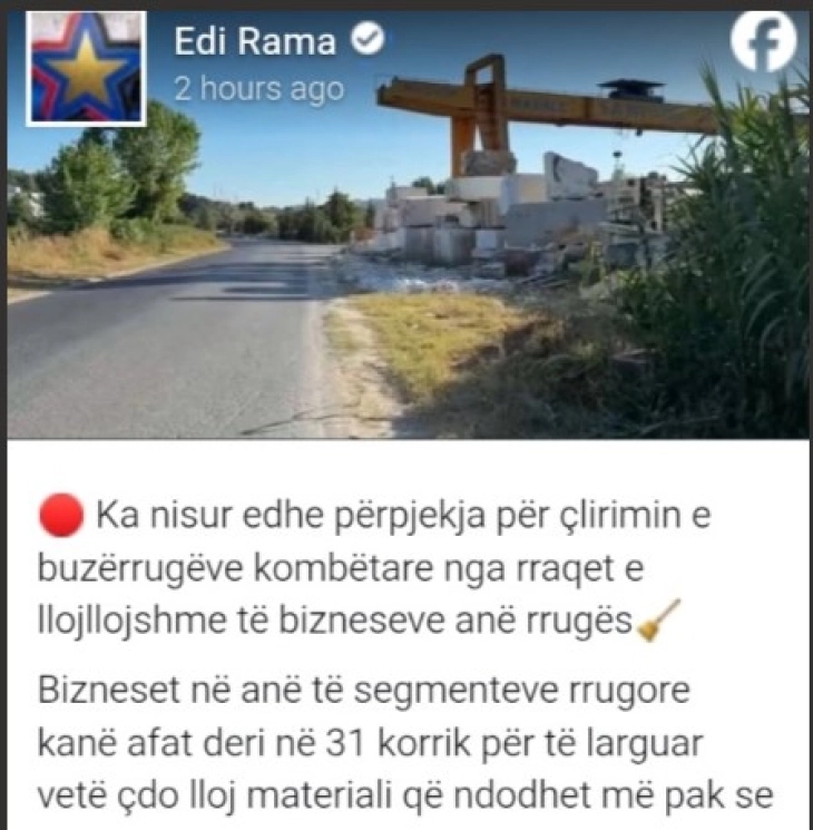 Rama me ultimatum: Deri më 31 korrik të largohet çdo lloj materiali që ndodhet më pak se 20 metra nga aksi i rrugës