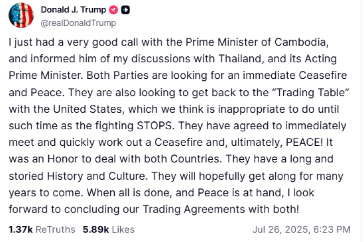 Трамп: Разговарав со лидерите на Камбоџа и  наТајланд, двете земји сакаат прекин на огнот