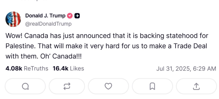 'Wow!': Trump questions Canada trade deal over Palestine recognition