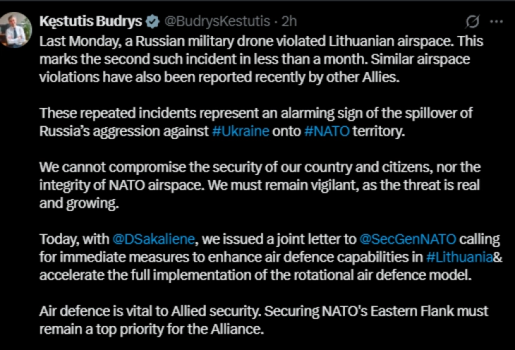 Литванија бара од НАТО противвоздушна помош по инцидентот со рускиот дрон