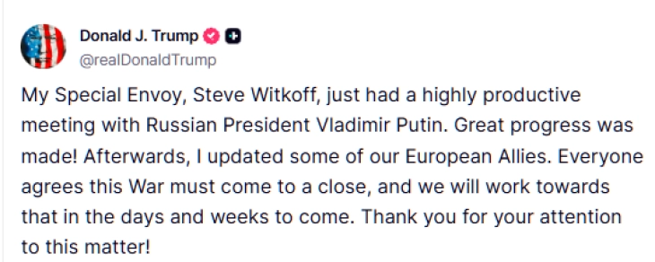 Трамп: Денешниот разговор меѓу Путин и Виткоф постигна голем напредок