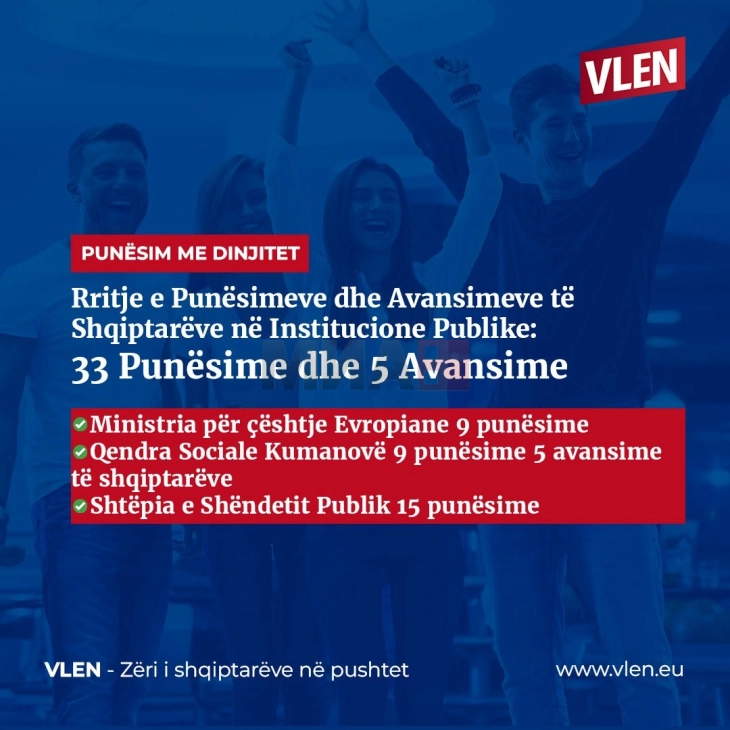 VLEN: Sot 33 shqiptarë janë punësuar në institucionet shtetërore