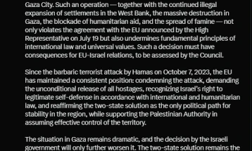 Koshta: Vendimi i Izraelit për ta marrë Gazën do të ketë pasoja ndaj marrëdhënieve me BE-në