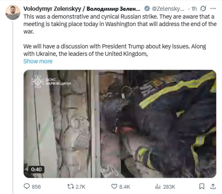 Зеленски: Руските напади врз Украина се циничен обид за попречување на мирот