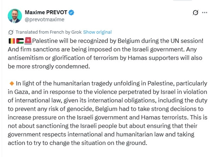 Foreign minister says Belgium to recognize Palestinian statehood