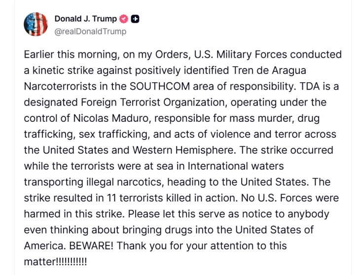 Трамп соопшти дека САД нападнале брод со дрога кој тргнал од Венецуела, загинале 11 припадници на банда