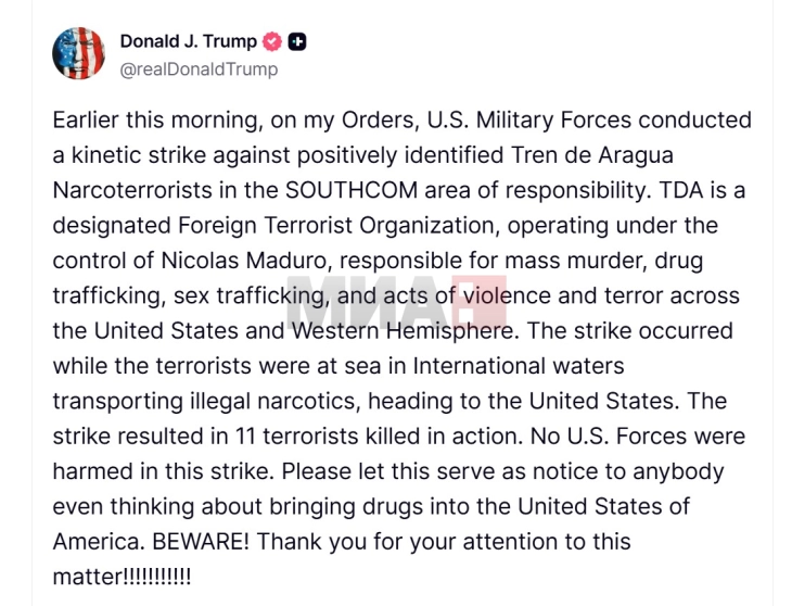 Tramp kumtoi se SHBA-ja sulmoi një anije me drogë, e cila u nis nga Venezuela, janë vrarë 11 anëtarë të bandës