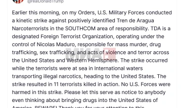 Tramp kumtoi se SHBA-ja sulmoi një anije me drogë, e cila u nis nga Venezuela, janë vrarë 11 anëtarë të bandës