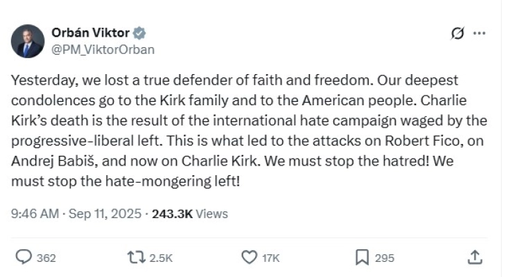 Орбан и унгарски политичари во шок од убиството на Чарли Кирк: Стоп за омразата од левичарската пропаганда