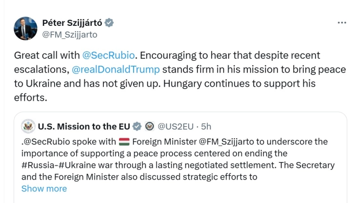 Сијарто разговараше со Рубио за напорите за ставање крај на војната во Украина